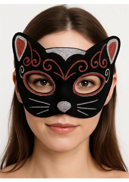 Kadife Dokulu Sim Detaylı Işıltılı Kedi Maskesi Kırmızı Gümüş 20X13 cm - Lisinya