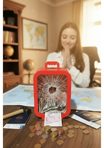 Parabox - 20.000TL Kumbara - Ahşap Para Biriktirme Hedef Kutusu - Time To Travel - Kırmızı Kumbara modelleri