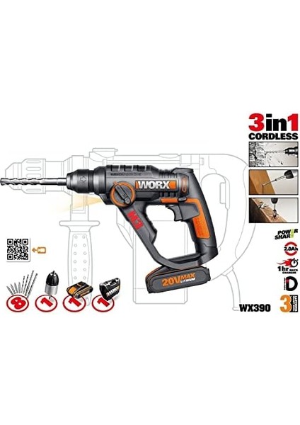 WX390.1 20VOLT 2.0AH. Li-Ion 1.2j Profesyonel Sds- Pnömatik Çift Akülü Şarjlı Matkap + 8 Adet Uç + Mandren modelleri