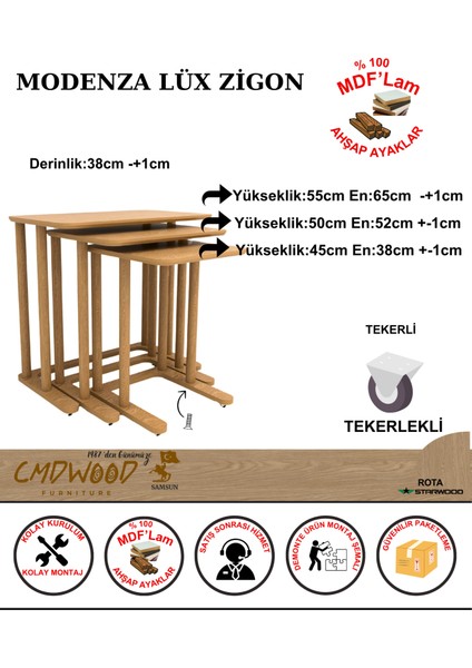 Modenza Zigon Sehpa – Modern 3’lü Sehpa Seti Ahşap Görünümlü Minimal Tasarım Salon & Oturma Odası fiyatları