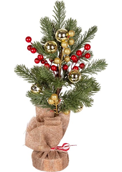 Yılbaşı Süsü Masa Çamı Yılbaşı Çıngıraklı Berryli Kırmızı- 14X38 Cm.