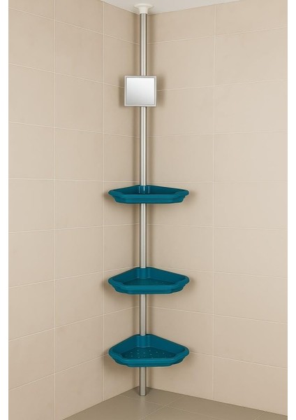 Köşe Rafı Mavi – 3 Katlı Plastik Raf ve Direkli Organizer
