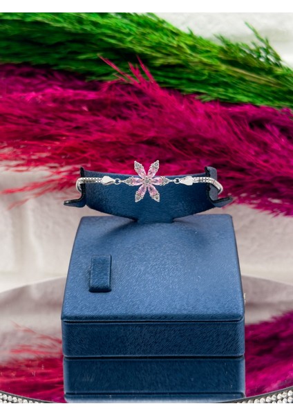 925 Ayar Gümüş Pembe Kuvars Taşlı Lotus Modeli Zarif Kadın Bileklik