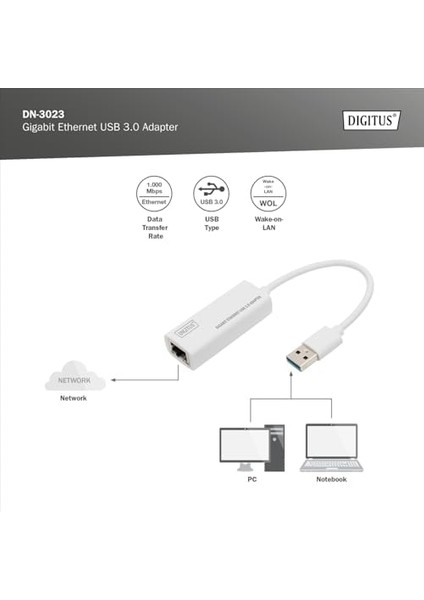 DN-3023 USB 3.0 - Gigabit Ethernet Usb-A Konnektör, 10/100/1000 Mbps, USB 3.0, Xp,,7,8, Mac Os X, Linux fiyatları
