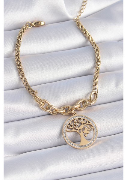 316L Çelik Gold Renk Zirkon Taşlı Yaşam Ağacı Figür Kadın Bileklik - Lisinya