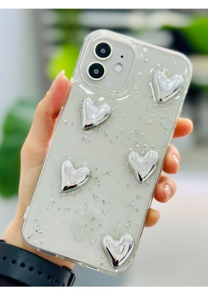 Aksesuar 12 ve 12 Pro ile Uyumlu Simli Gümüş Kalp Tasarım Oyuncaklı Esnek Silikon Kılıf
