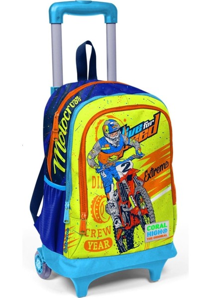 Işıklı Tekerlekli Motorsiklet Çekçek Okul ve Seyahat Çantası Erkek Çocuk Lacivert Sarı