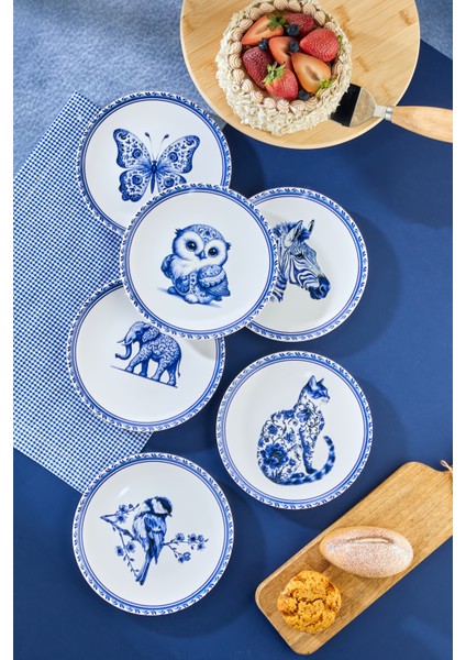 6’lı Mavi Desenli Hayvan Figürlü Pasta Tabağı Seti
