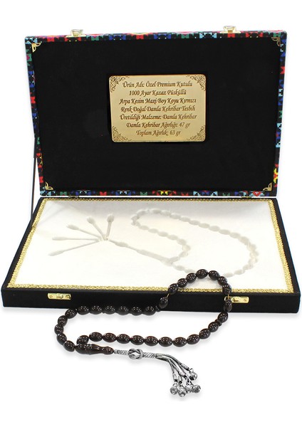 Premium Kutulu Gümüş Kazaz Püsküllü Arpa Kesim Maxi Boy Kırmızı Renk Doğal Damla Kehribar Tesbih