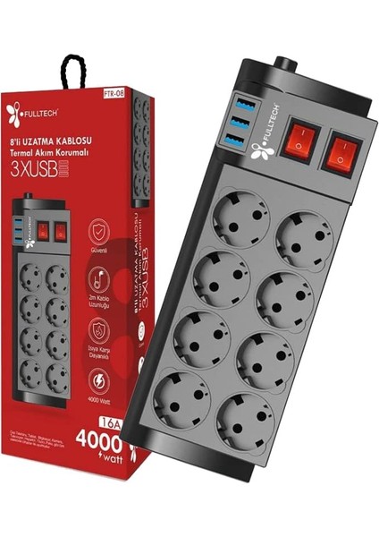Akım Korumalı 8&apos;li Priz, Karşı Dayanıklı, 8 x Priz - 3 x USB - 2 Metre Kablo Uzunluğu,