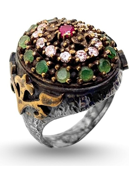 Otantik Yakut Zümrüt Zirkon Taşlı Gümüş Vintage Kadın Yüzük