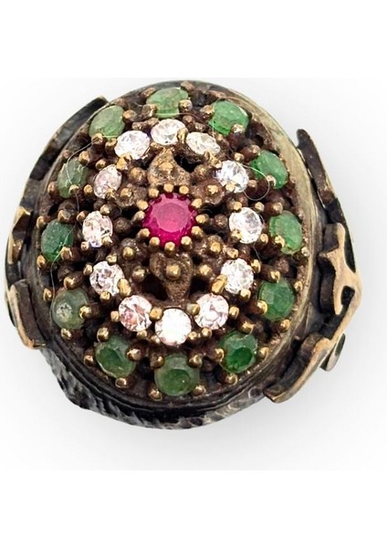 Otantik Yakut Zümrüt Zirkon Taşlı Gümüş Vintage Kadın Yüzük fiyatları