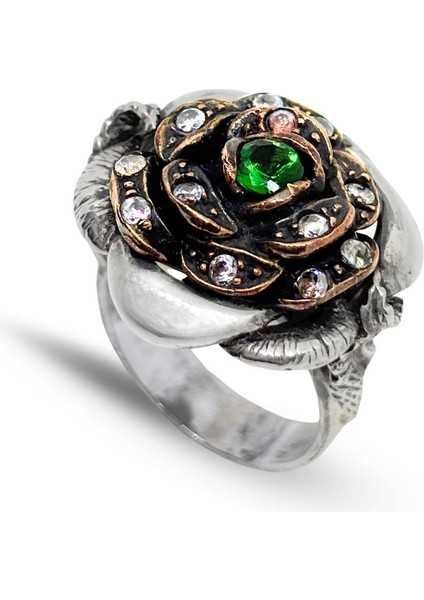 Otantik Zümrüt Taşlı Gül Gümüş Vintage Kadın Yüzük