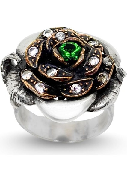 Otantik Zümrüt Taşlı Gül Gümüş Vintage Kadın Yüzük fiyatları