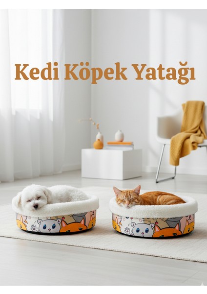 Elyaf Dolgulu Konforlu Kedi Yatağı Köpek Yatağı | Yumuşak Iç Yüzeyli, Kedi Desenli Tasarım | Renk Uyumu ile Şık ve Rahat Dinlenme Alanı | Tüm Kediler Için Uygun Yıkanabilir Peluş Yatak Modeli