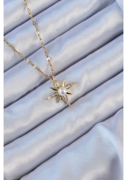 316L Çelik Zincir Altın Renk Baget Taşlı Inci Detay Kutup Yıldızı Kolye - Lisinya
