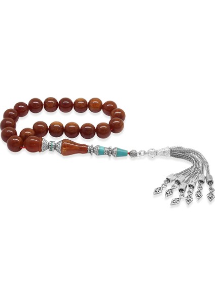 Kararmaz Metal Püsküllü Alpaka Nakkaş Imameli Sıkma Kehribar Efe Tesbih Vişne Rengi Küre Kesim