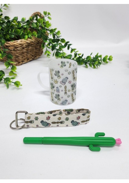 Kaktüs Desenli Buzlu Cam Çay Bardağı Çay Fincanı Anahtarlık Kaktüs Kalem Hediye Seti