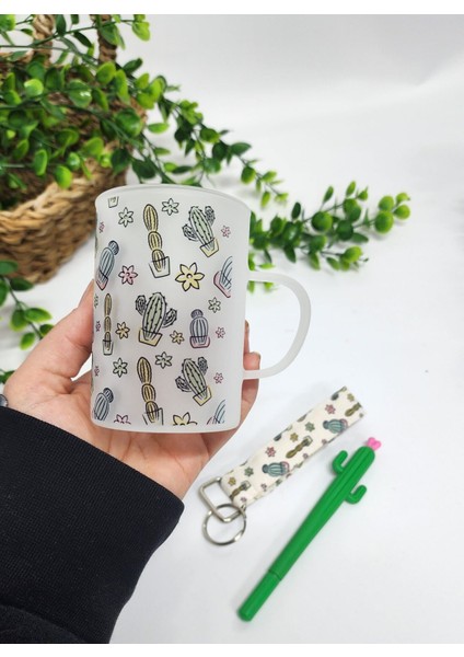 Kaktüs Desenli Buzlu Cam Çay Bardağı Çay Fincanı Anahtarlık Kaktüs Kalem Hediye Seti modelleri