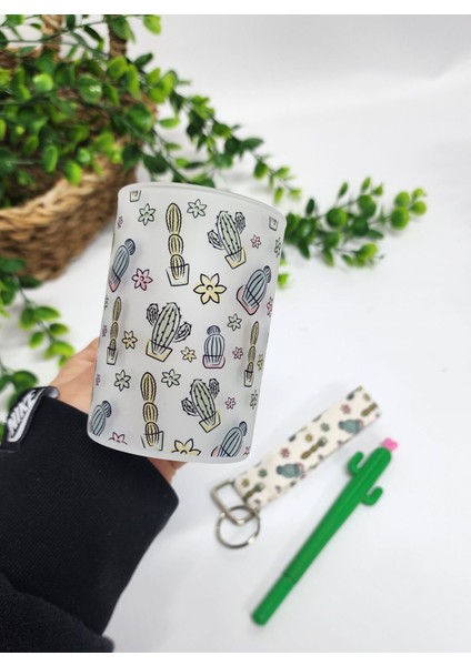 Kaktüs Desenli Buzlu Cam Çay Bardağı Çay Fincanı Anahtarlık Kaktüs Kalem Hediye Seti fırsatları