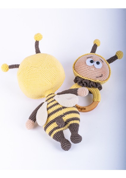 Bee Happy 2’li Arı Amigurumi Oyuncak Seti – Doğal Pamuklu & Ahşap Bebek Oyuncak & Çıngırağı | Hoogie Premium Baby fırsatları