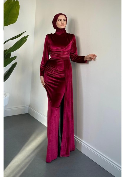 Samy Kadife Kumaş Balık Elbise Fuşya