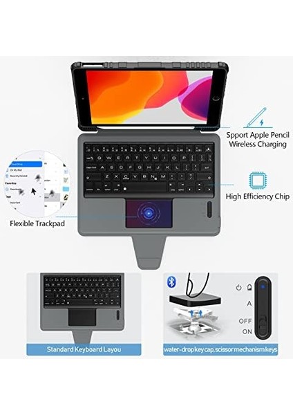 iPad 9. Nesil Klavye Kılıfı 10,2 Inç (10,2 Inç) Ped Ile, Destek, Tutucu, Sürgülü Kamera Kapağı iPad 7./8./9. Nesil ile Uyumlu Klavye (Siyah) modelleri