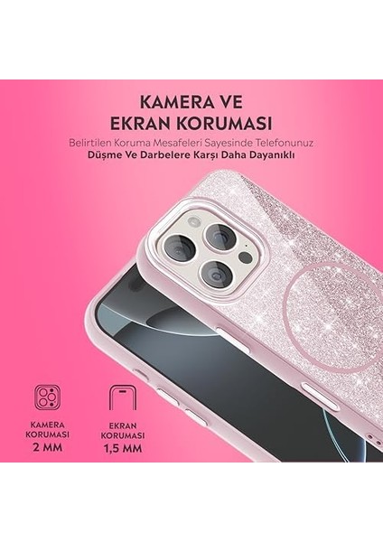Kılıf M-Safe Şarj Özellikli Parlayan Simli Sararmaz Kılıf (Pembe, 16 Pro Max) modelleri