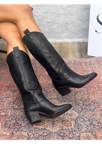 Alsvin Hakiki Deri Kadın Siyah Kovboy Çizme