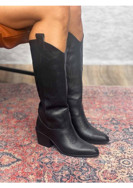 Alsvin Hakiki Deri Kadın Siyah Kovboy Çizme