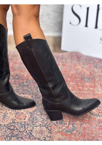 Alsvin Hakiki Deri Kadın Siyah Kovboy Çizme