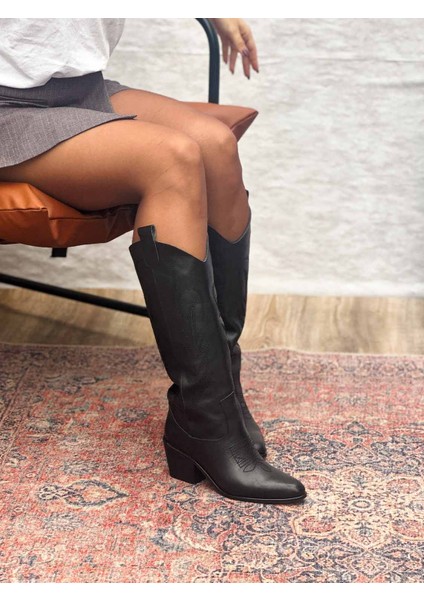 Alsvin Hakiki Deri Kadın Siyah Kovboy Çizme