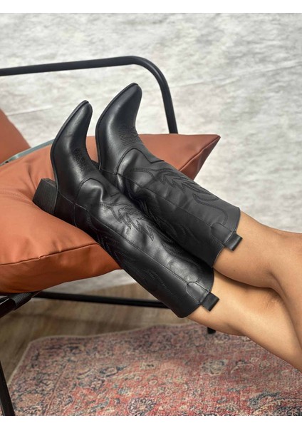 Alsvin Hakiki Deri Kadın Siyah Kovboy Çizme