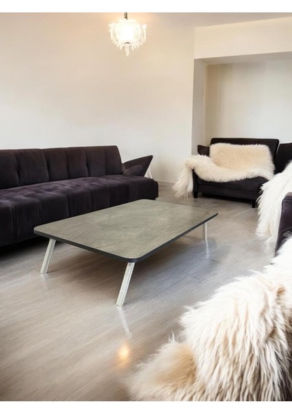 Sofrası Mutfak Sofrası Taşınabilir 60 x 100 cm Balkon Sofra (Gri Mermer)