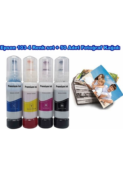 Epson 103 L6190 4 Renk Muadil Mürekkep Seti + Epson Uyumlu 50 Adet Fotoğraf Kağıdı Hediye