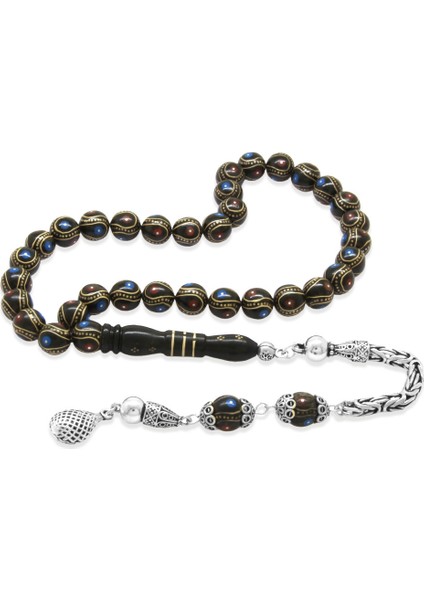 Erzurum Oltu Taşı Tesbih - 925 Ayar Gümüş Kral Püsküllü - Firuze Mercan Işlemeli - Küre Kesim