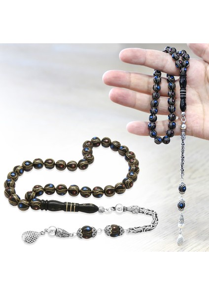 Erzurum Oltu Taşı Tesbih - 925 Ayar Gümüş Kral Püsküllü - Firuze Mercan Işlemeli - Küre Kesim fiyatları