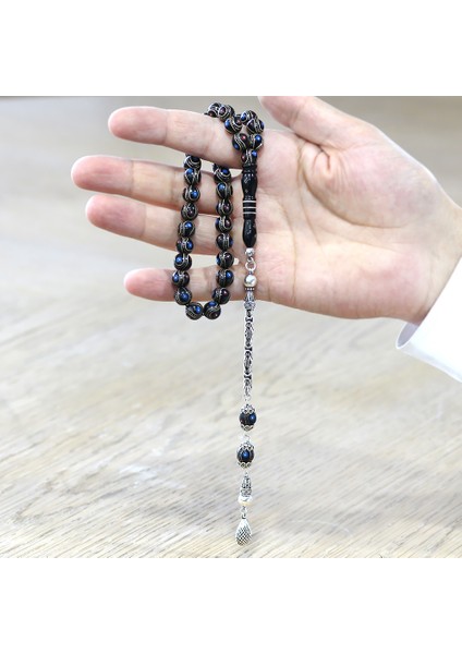 Erzurum Oltu Taşı Tesbih - 925 Ayar Gümüş Kral Püsküllü - Firuze Mercan Işlemeli - Küre Kesim modelleri