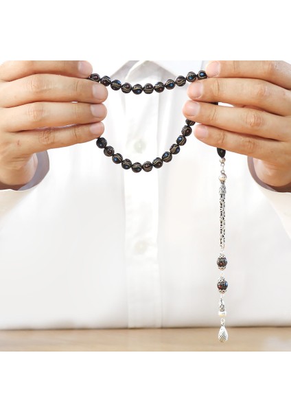 Erzurum Oltu Taşı Tesbih - 925 Ayar Gümüş Kral Püsküllü - Firuze Mercan Işlemeli - Küre Kesim fırsatları