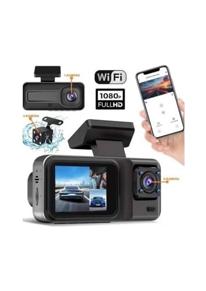 H98 Full Hd 1080P Wi-Fi Full Hd 3 Kameralı Araç Içi Kamera Araba Güvenlik Kamerası Gece Görüşü Ön Geri Iç Kayıt Ir LED fiyatları