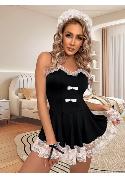 Kadın Siyah Beyaz Gecelik Dantel Taç ve Dantel Bileklik Detaylı 5 Parça Şık Iç Çamaşırı Seti Tül Bileklik ve Taç Detaylı Dantel Elbise modelleri