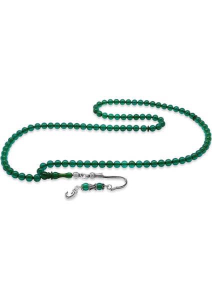 925 Ayar Gümüş Püsküllü Küre Kesim Turkuaz Ateş Kehribar 99 Taneli Namaz Tesbihi