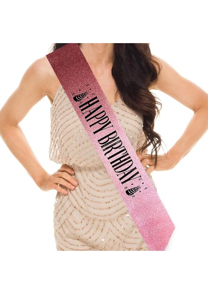 Pembe Üzeri Siyah Büyük Happy Birthday Yazılı Simli Işıltılı Kuşak Kemer 10 cm Genişlik - Lisinya