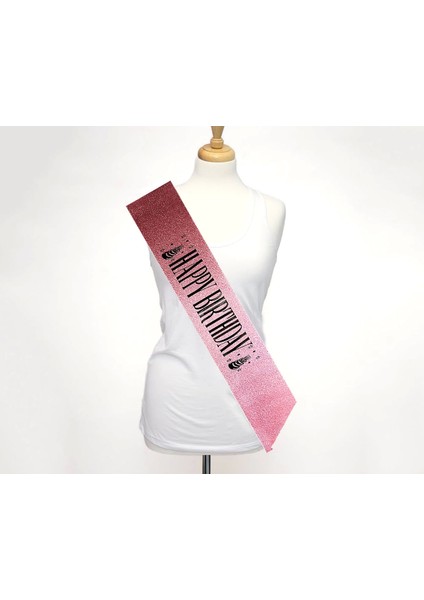 Pembe Üzeri Siyah Büyük Happy Birthday Yazılı Simli Işıltılı Kuşak Kemer 10 cm Genişlik - Lisinya fiyatları