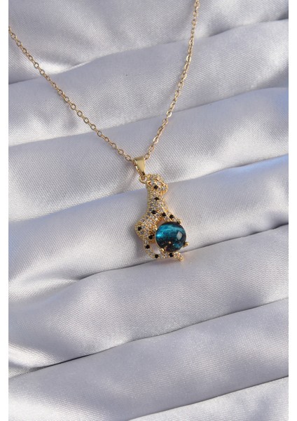 316L Çelik Zincir Gold Renk Zirkon Taşlı Panter Figürlü Gezegen Kolye - Lisinya