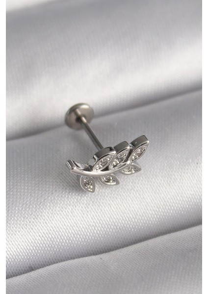 316L Çelik Gümüş Renk Dal Model Zirkon Taş Detaylı Tragus Piercing - Lisinya