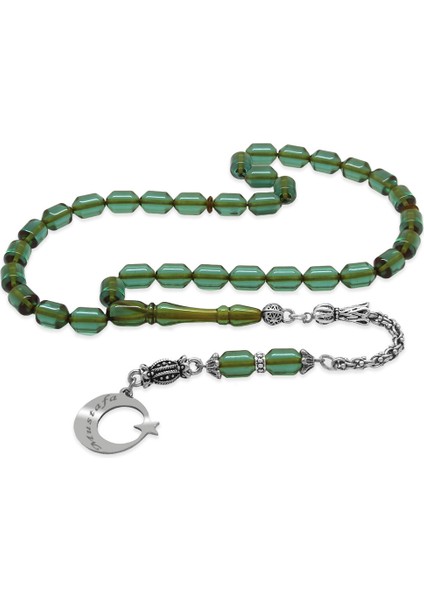 Kararmaz Metal Püsküllü Uçlu Kapsül Kesim Isim Yazılı Ayyıldız Plakalı Turkuaz Ateş Kehribar Tesbih