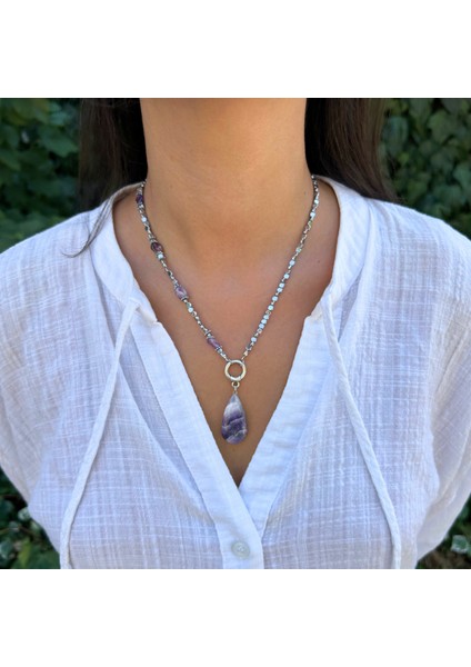 El Yapımı Ametist ve Hematit Doğaltaş Ametist Doğal Taş Uçlu El Yapımı Özel Tasarım Kolye