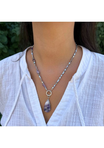 El Yapımı Ametist ve Hematit Doğaltaş Ametist Doğal Taş Uçlu El Yapımı Özel Tasarım Kolye fiyatları