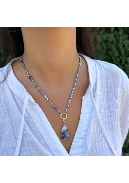 El Yapımı Ametist ve Hematit Doğaltaş Ametist Doğal Taş Uçlu El Yapımı Özel Tasarım Kolye modelleri